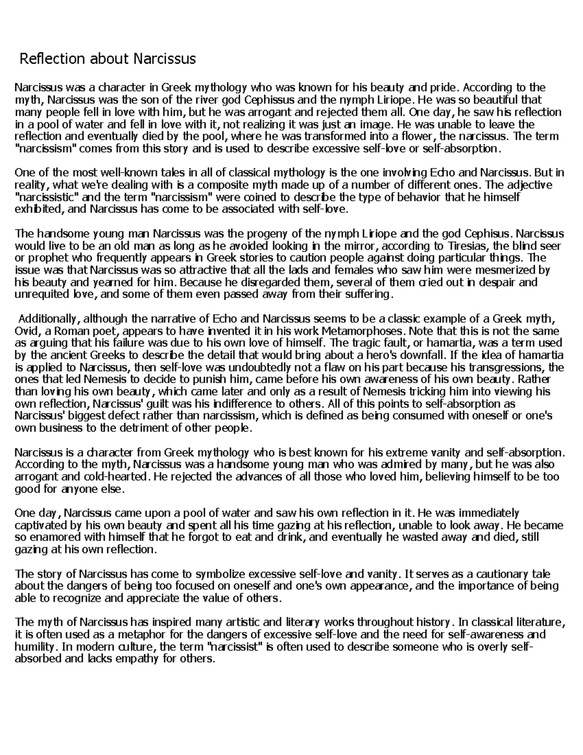 Reflection Log: The Cautionary Tale of Narcissus in Mythology - Studocu