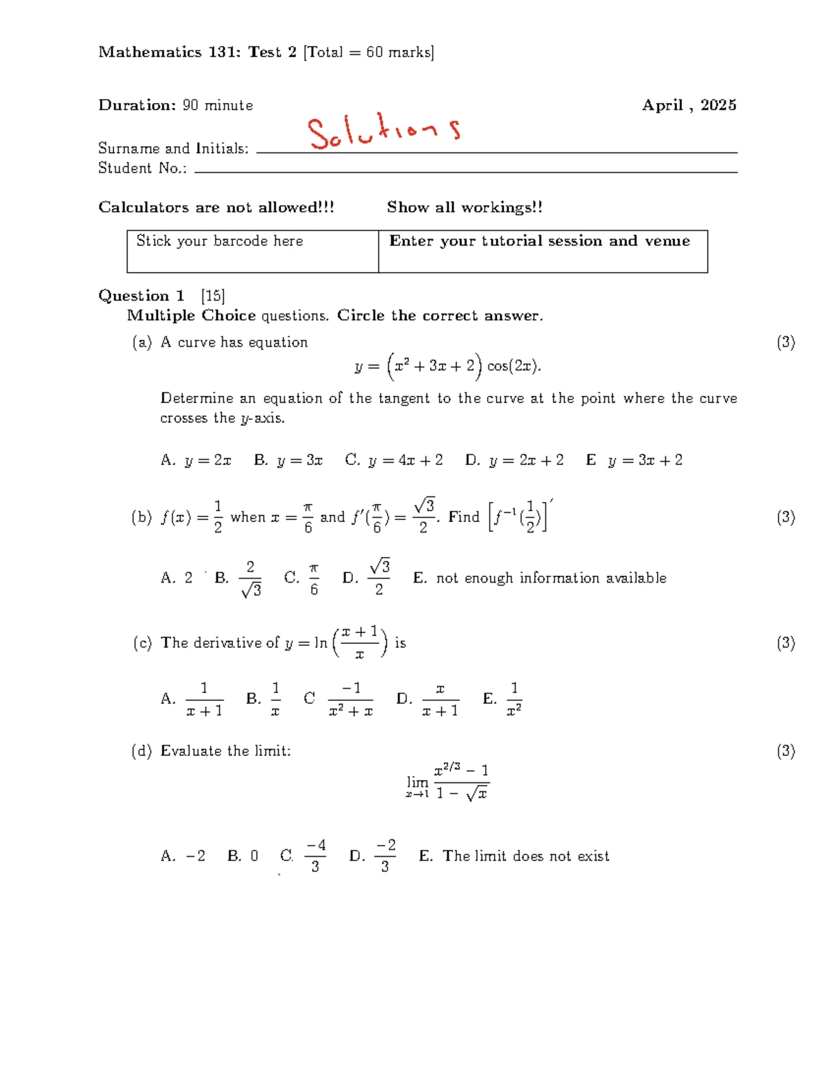Mathematics 131: Tutorial Test 2 Solutions (26 March 2025) - Studocu
