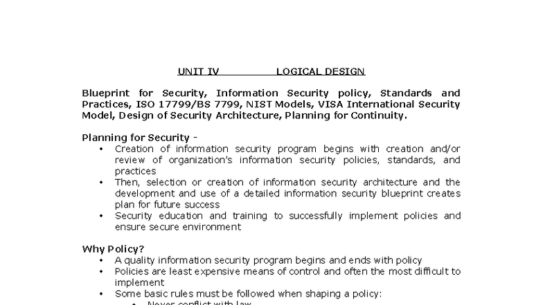 INFO ASSURANCE 2: UNIT IV LOGICAL DESIGN & SECURITY BLUEPRINTS - Studocu