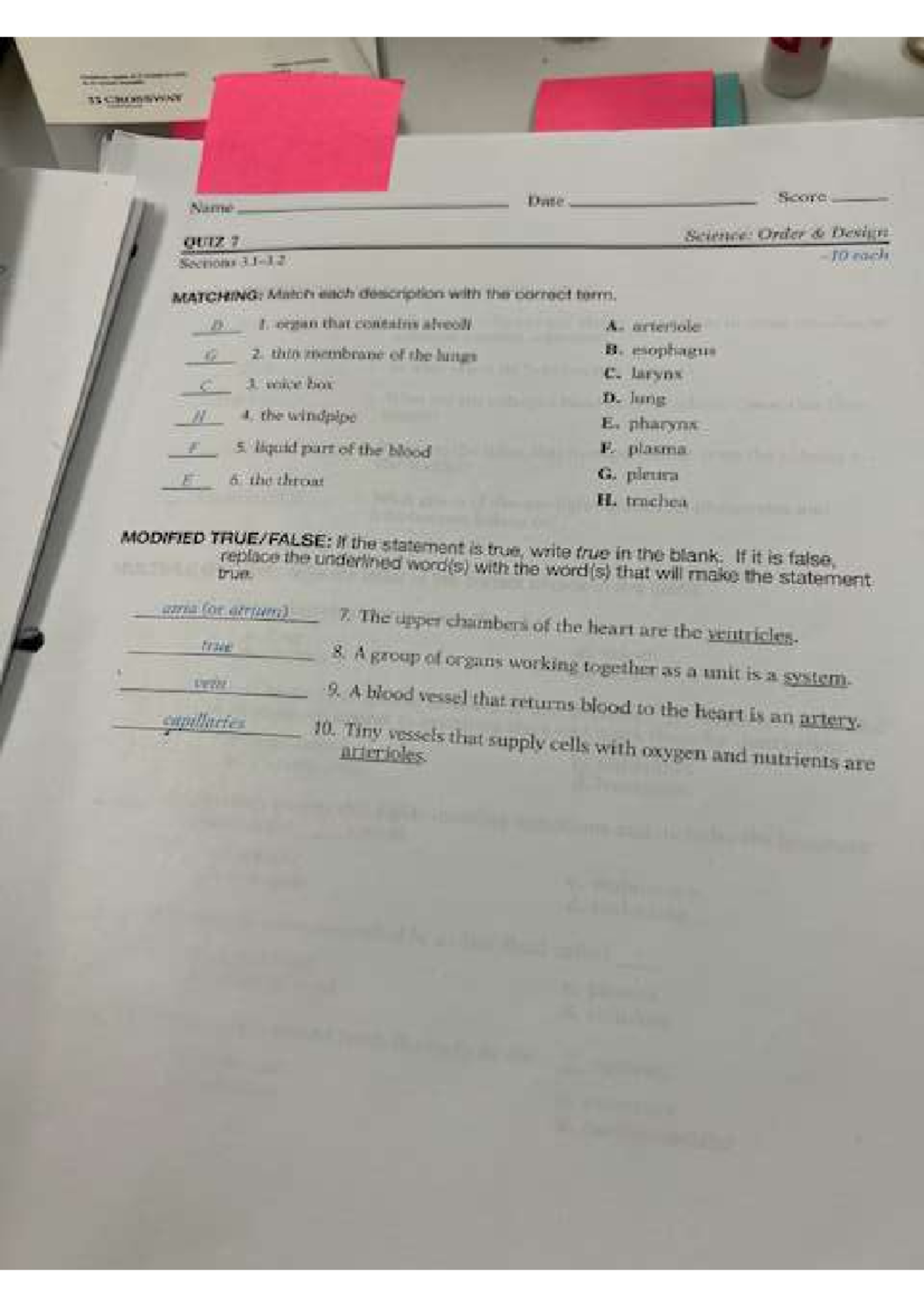 WSWKT QUIZ 7: Science Matching & True/False Questions Analysis - Studocu