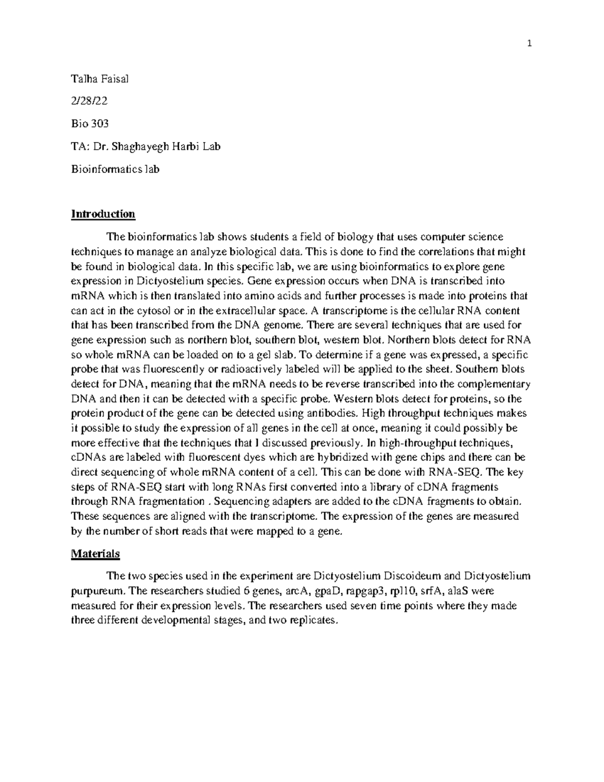 Bio 303 Bioinformatics Lab: Gene Expression in Dictyostelium Species ...