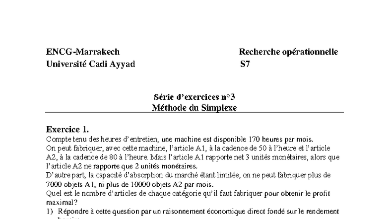 TD 3 Méthode du Simplexe - Université Cadi Ayyad S7 Exercice 1 à 3 ...