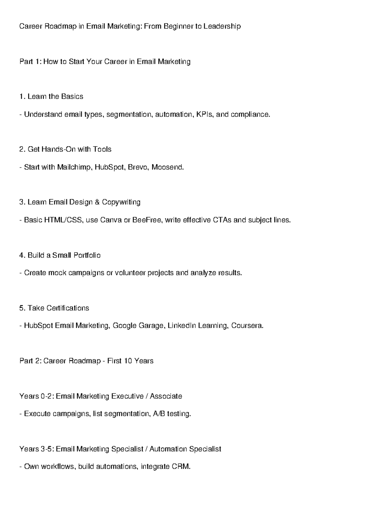 Email Marketing Career Roadmap: From Beginner to Leadership - Studocu