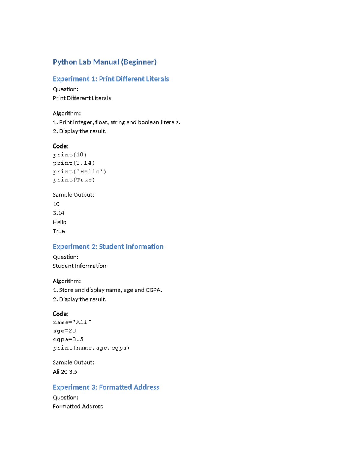Python Lab Manual (Beginner) - Experiments Overview - Studocu
