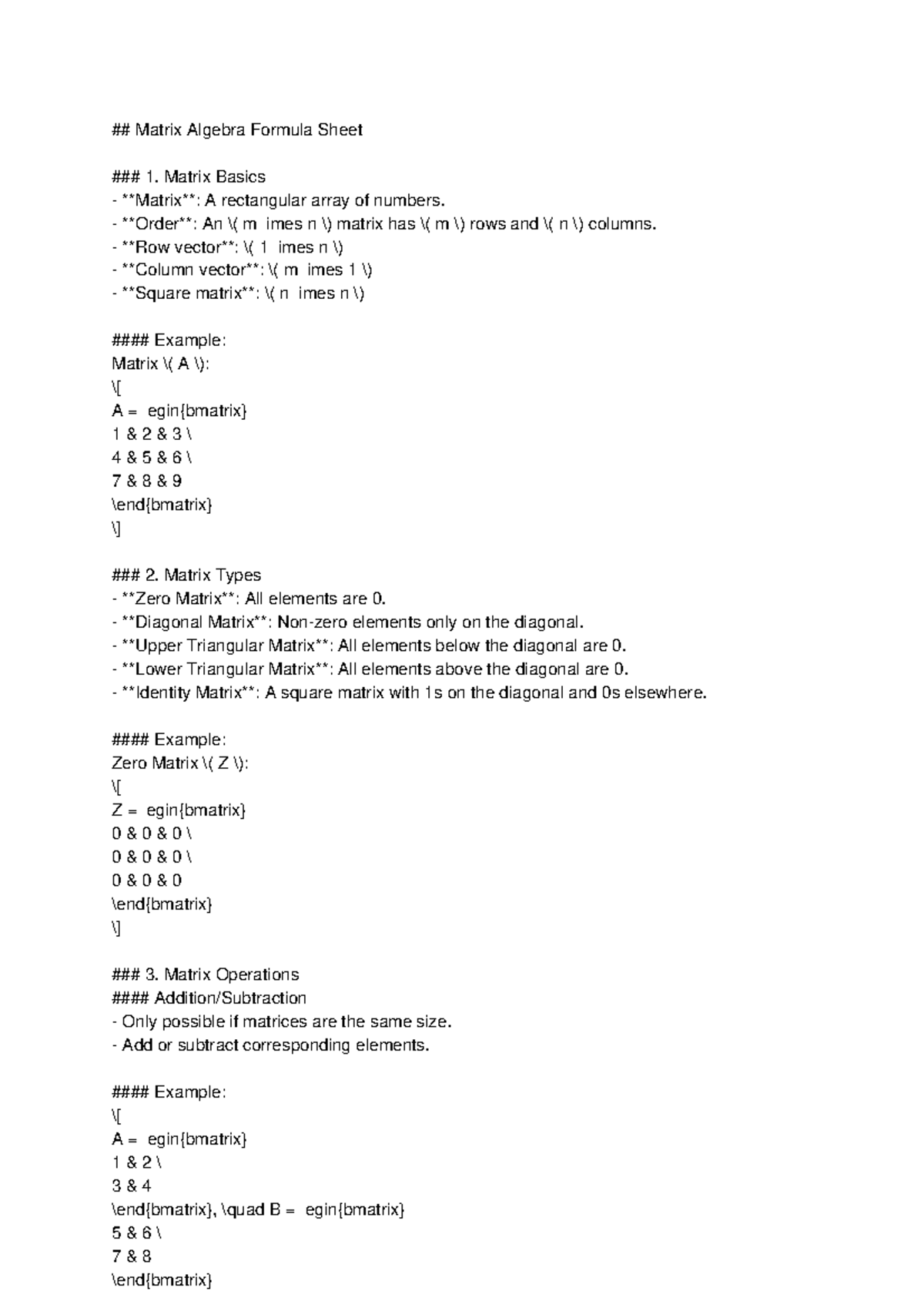 Matrix Algebra Formula Sheet - Matrix Basics Matrix: A rectangular ...