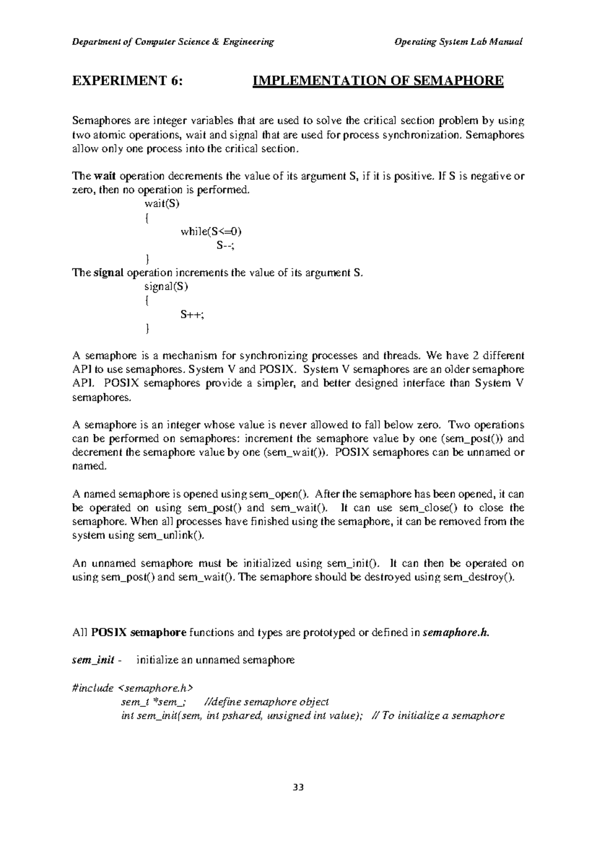 CST206 Operating System Lab Manual: Semaphore Implementation Guide ...
