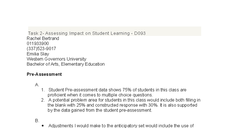 Task 2: Assessing Impact on Student Learning - D093 Analysis and ...