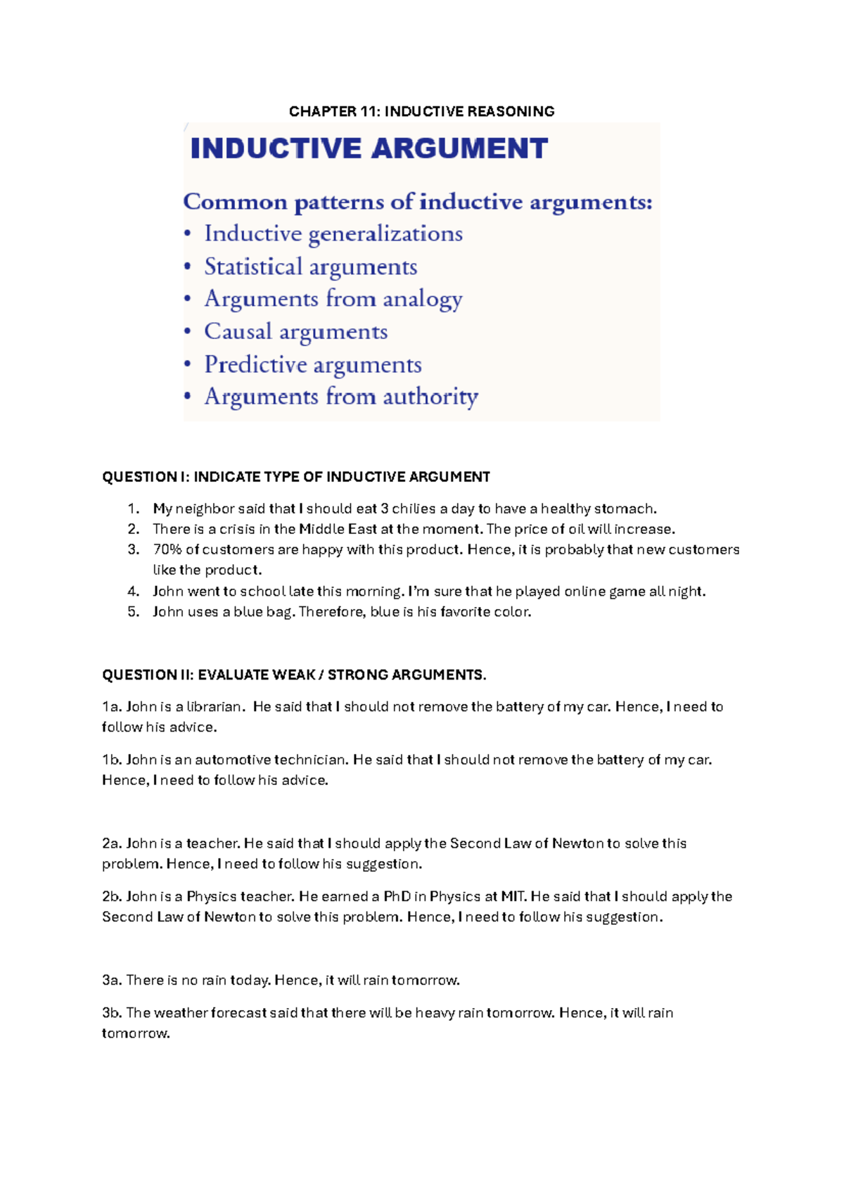 Inductive Reasoning & Argument Analysis - CH11 Notes for Course - Studocu