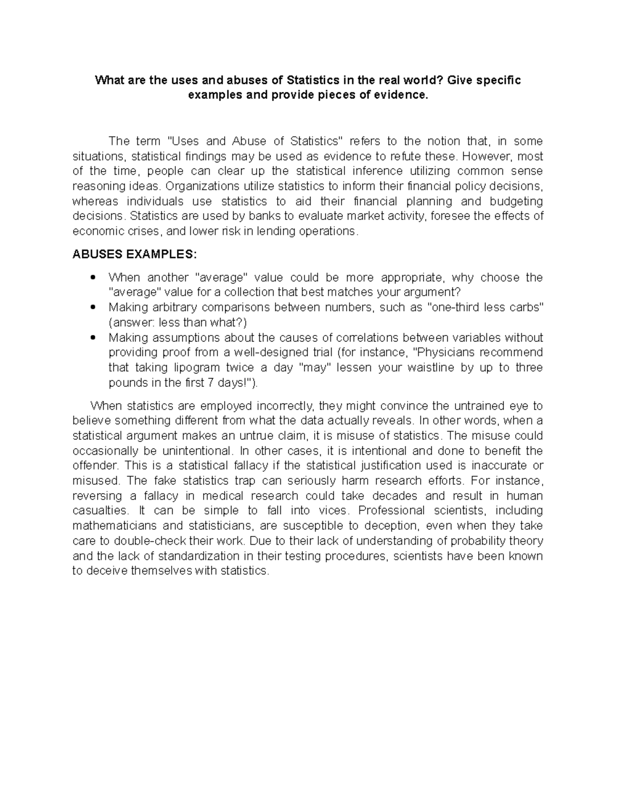 Uses and Abuses of Statistics in Real-World Applications - Studocu