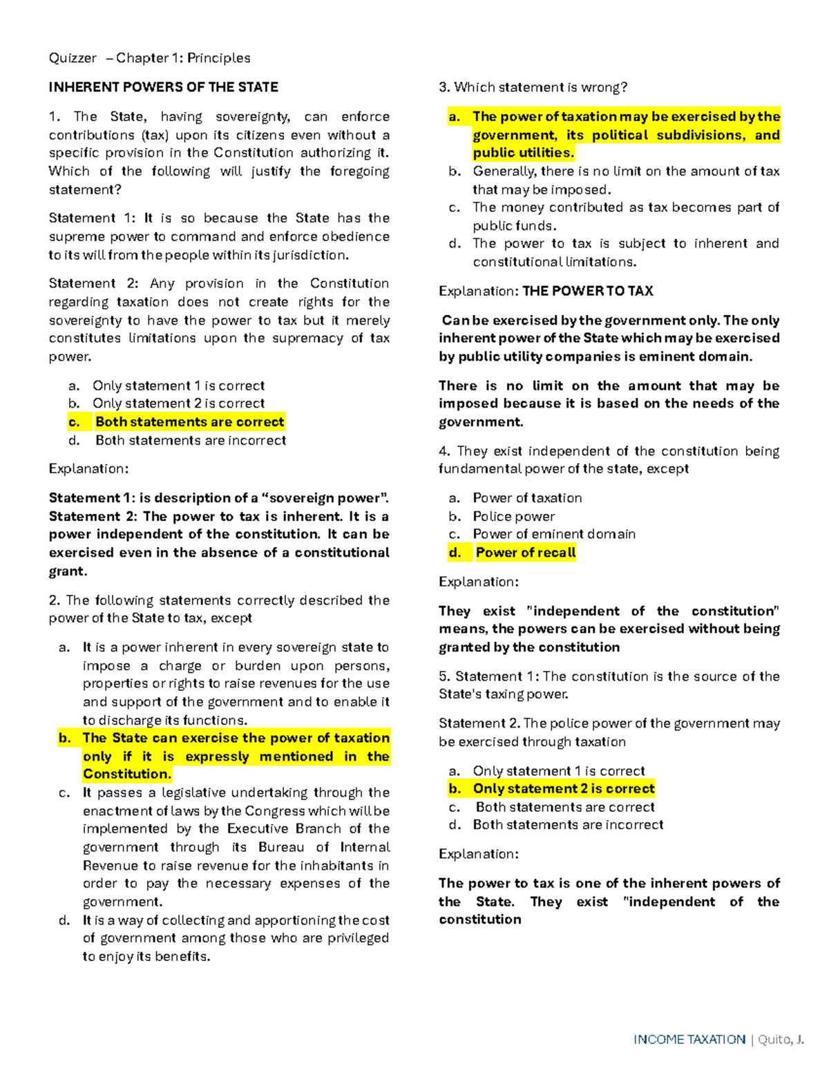 Quizzer INCOME TAXATION: Chapter 1 - Inherent Powers of the State - Studocu