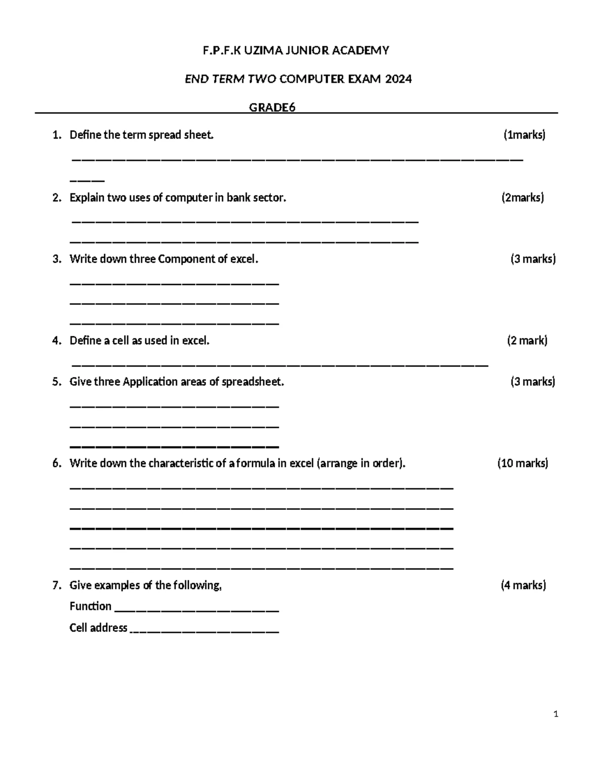 F.P.F.K UZIMA JUNIOR ACADEMY GRADE 1 COMPUTER EXAM 2024 - Studocu