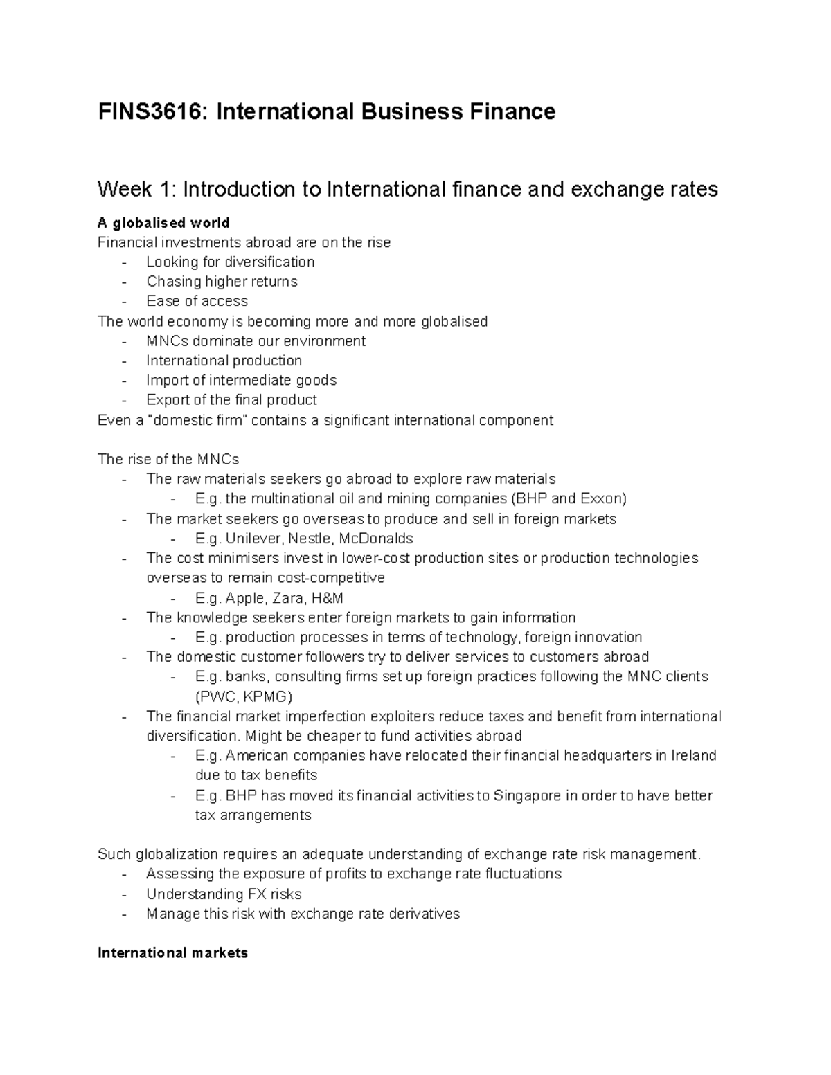 FINS3616: International Business Finance Week 1 - Intro to FX ...