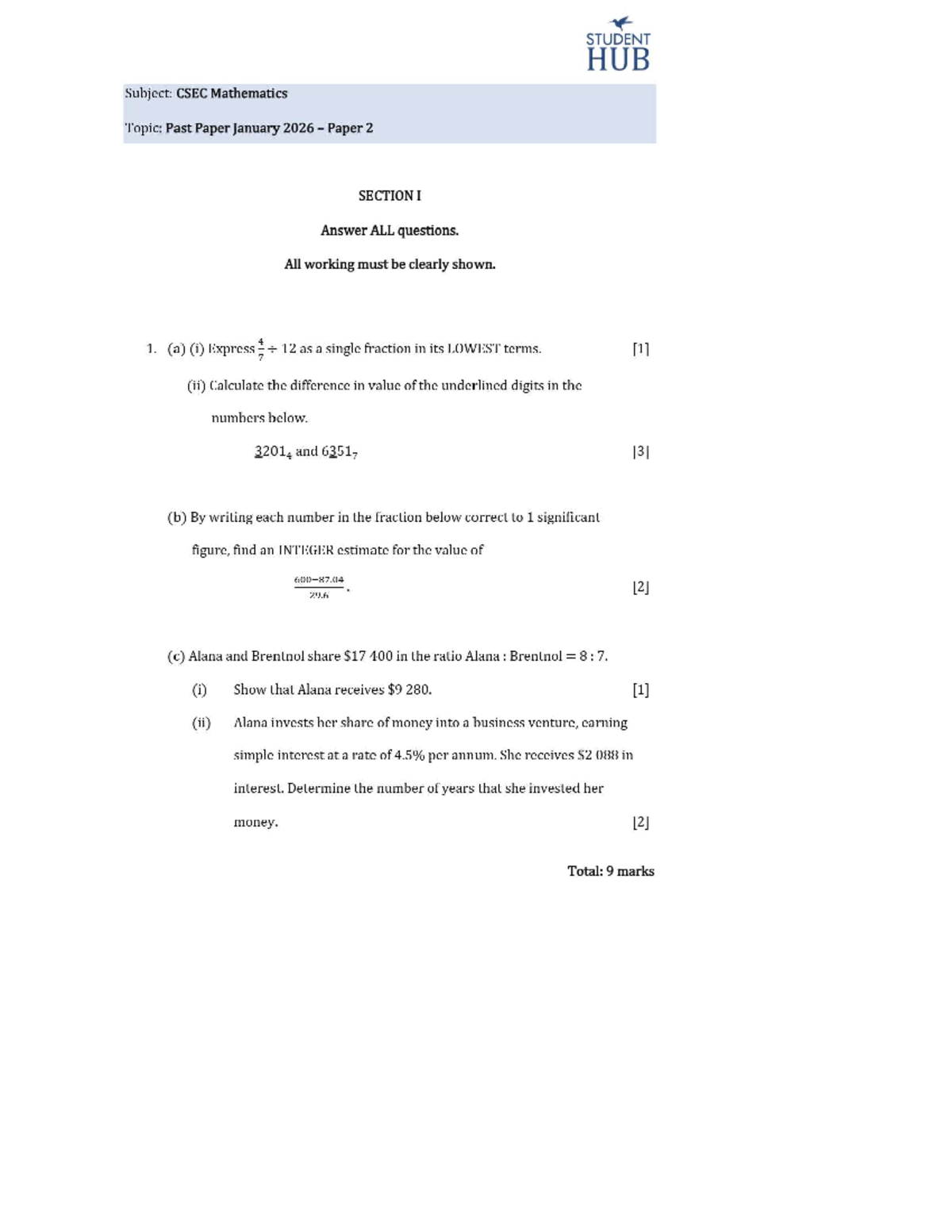 CSEC Math Past Paper Jan 2026 - Paper 2 Solutions and Tips - Studocu