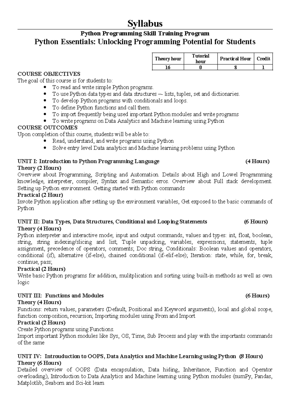 Python Programming Syllabus: Skills for Data Analytics & ML - Studocu