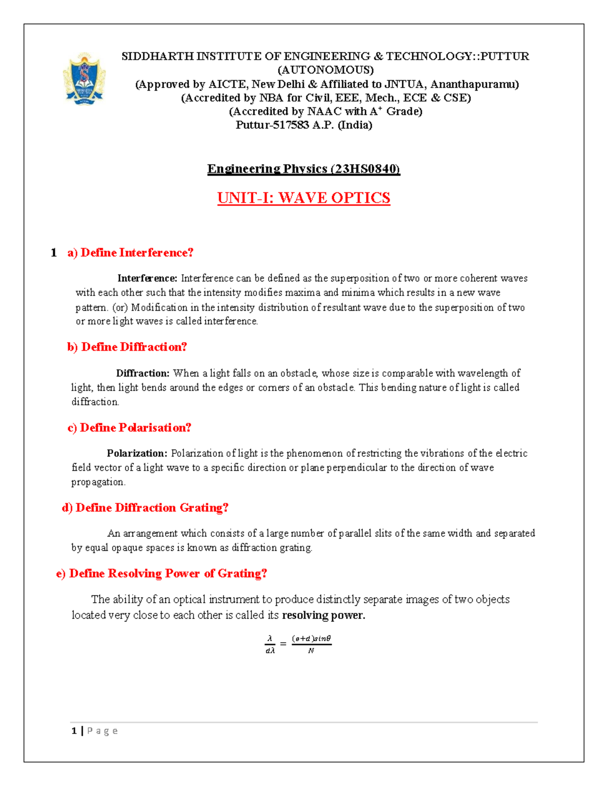 Engineering Physics (23HS0840) - Wave Optics Study Notes - Studocu