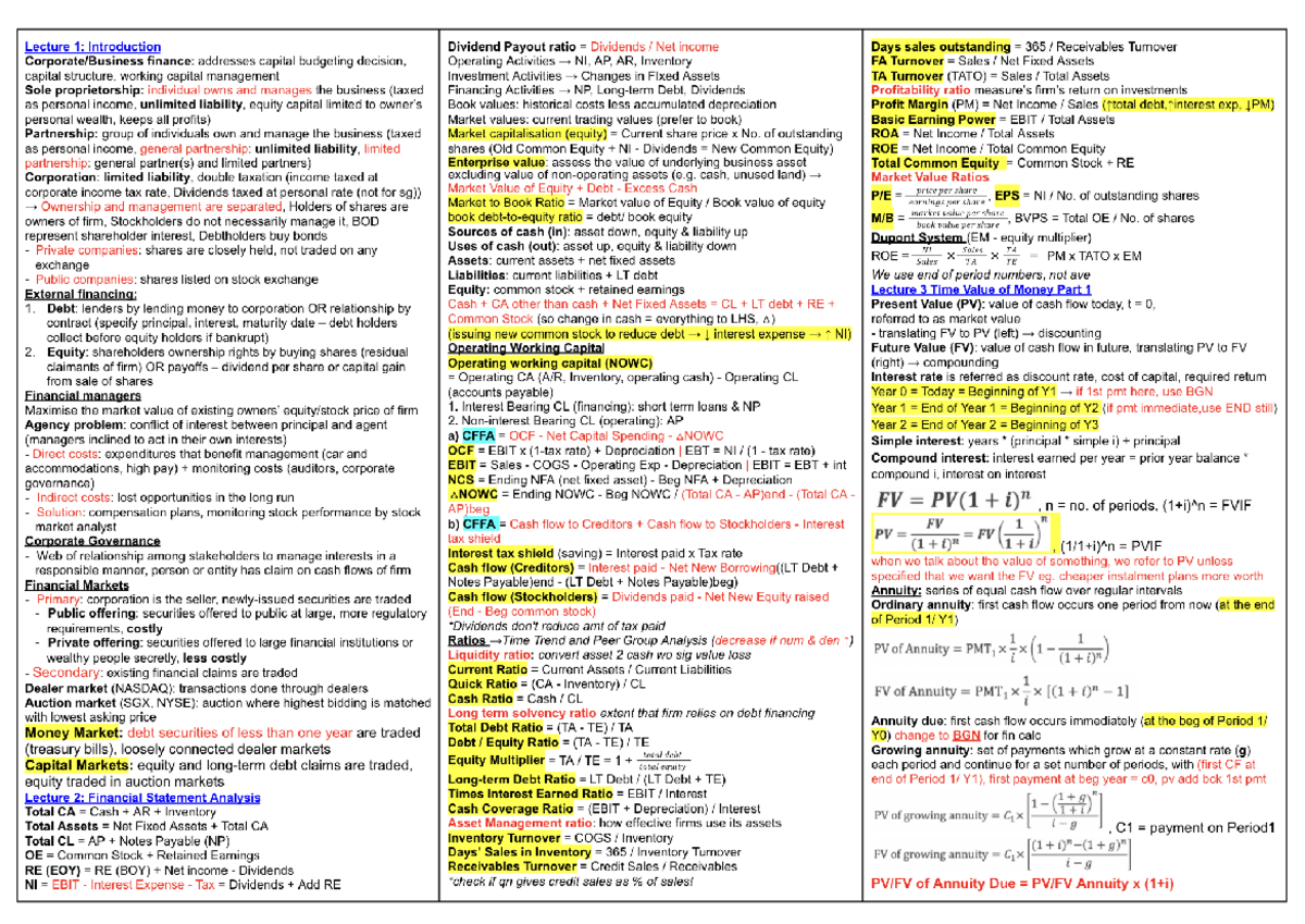 FIN2704 MIDTERM Study Guide: Key Concepts & Financial Formulas - Document Preview