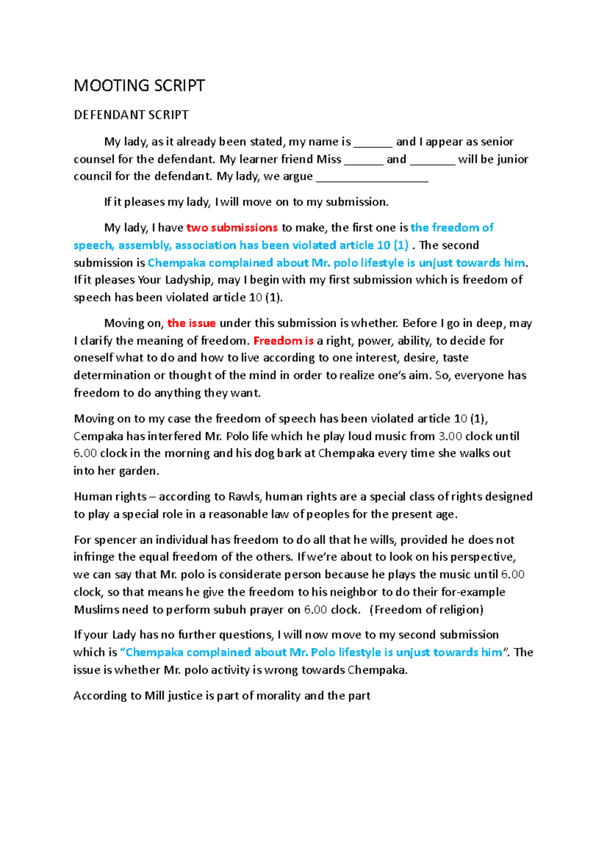 Mooting Script - MOOTING SCRIPT DEFENDANT SCRIPT My lady, as it already ...