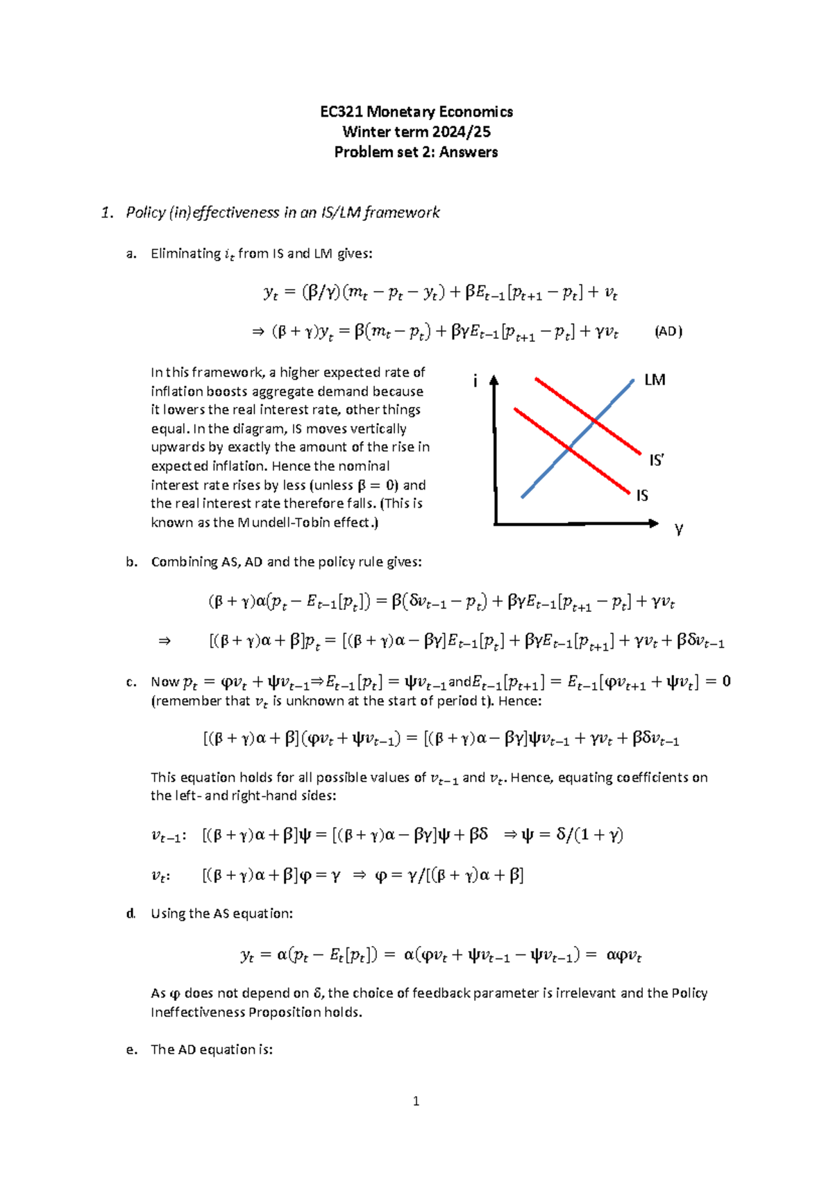 EC321 Monetary Economics Winter Term Problem Set 2: Solutions - Studocu