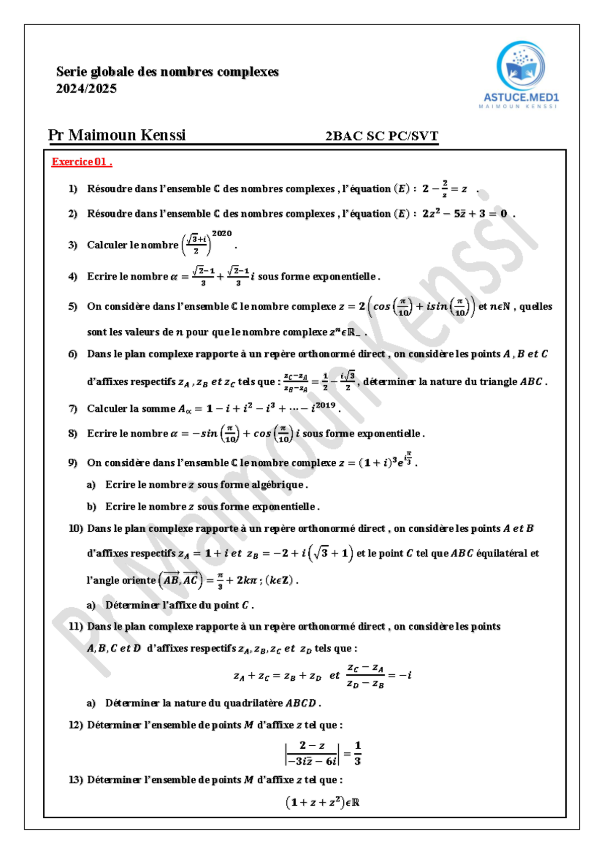 Exercices sur les Nombres Complexes P01 - BAC SC PC/SVT - Studocu