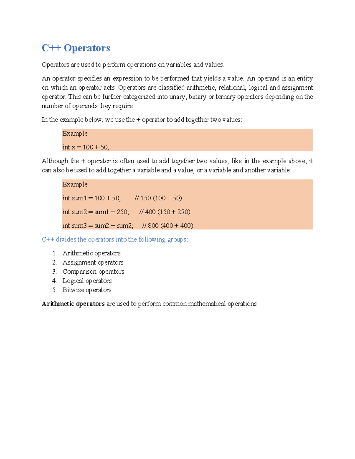 Lesson 11: Understanding C++ Operators and Their Functions - Studocu