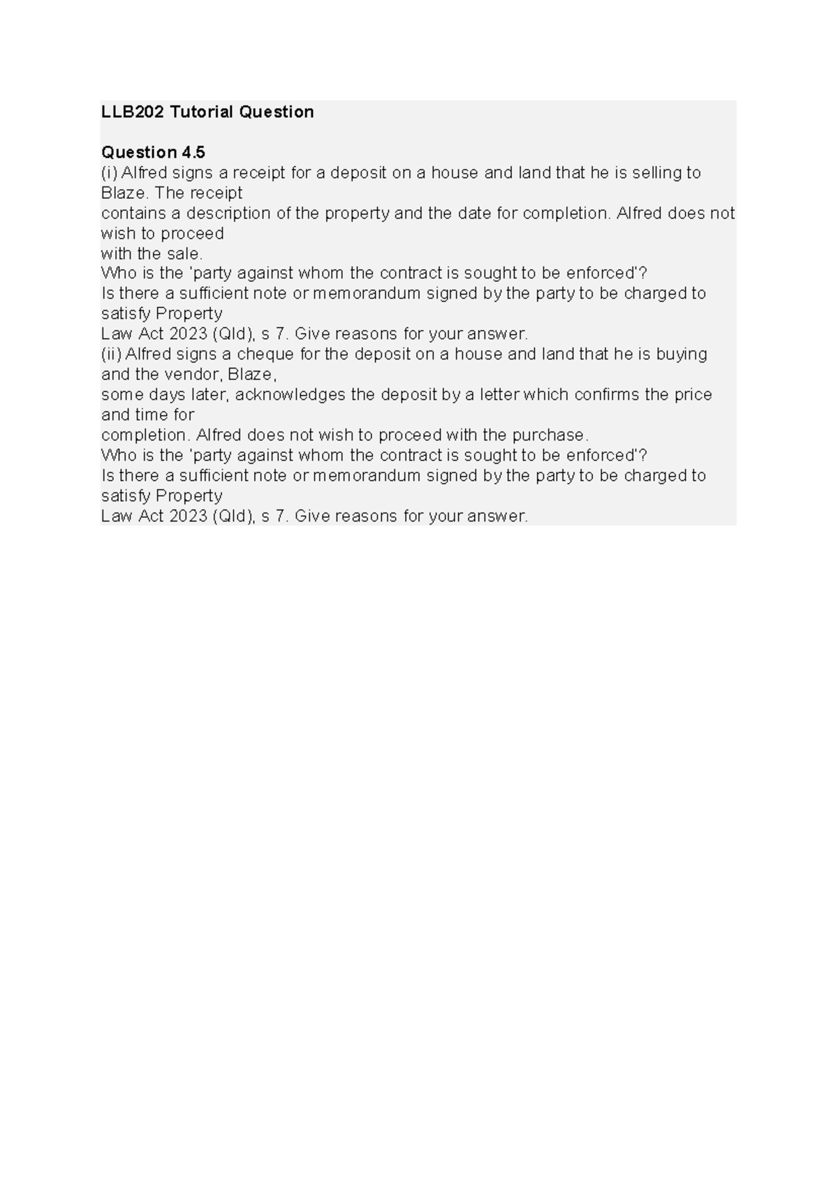 LLB202 Tutorial Questions on Property Law Act 2023 (Qld) - Studocu