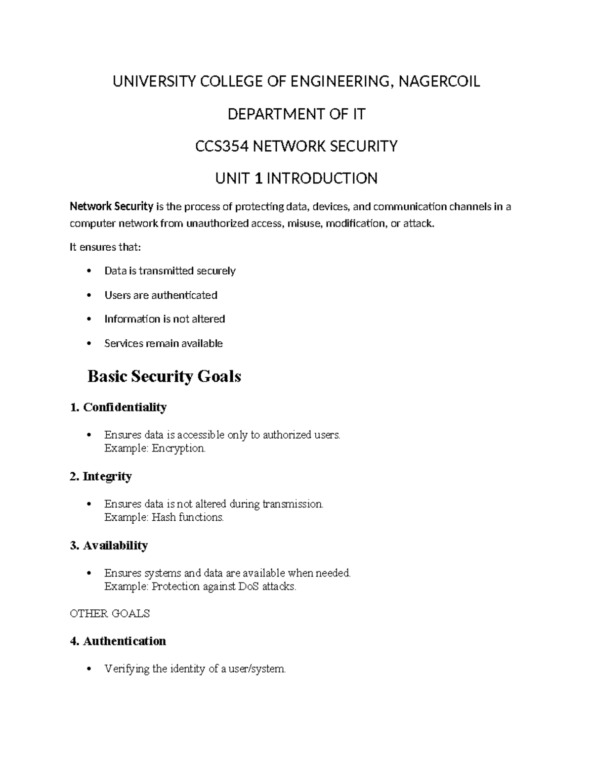 CCS354 Network Security Unit 1 - Introduction to Concepts and Goals ...