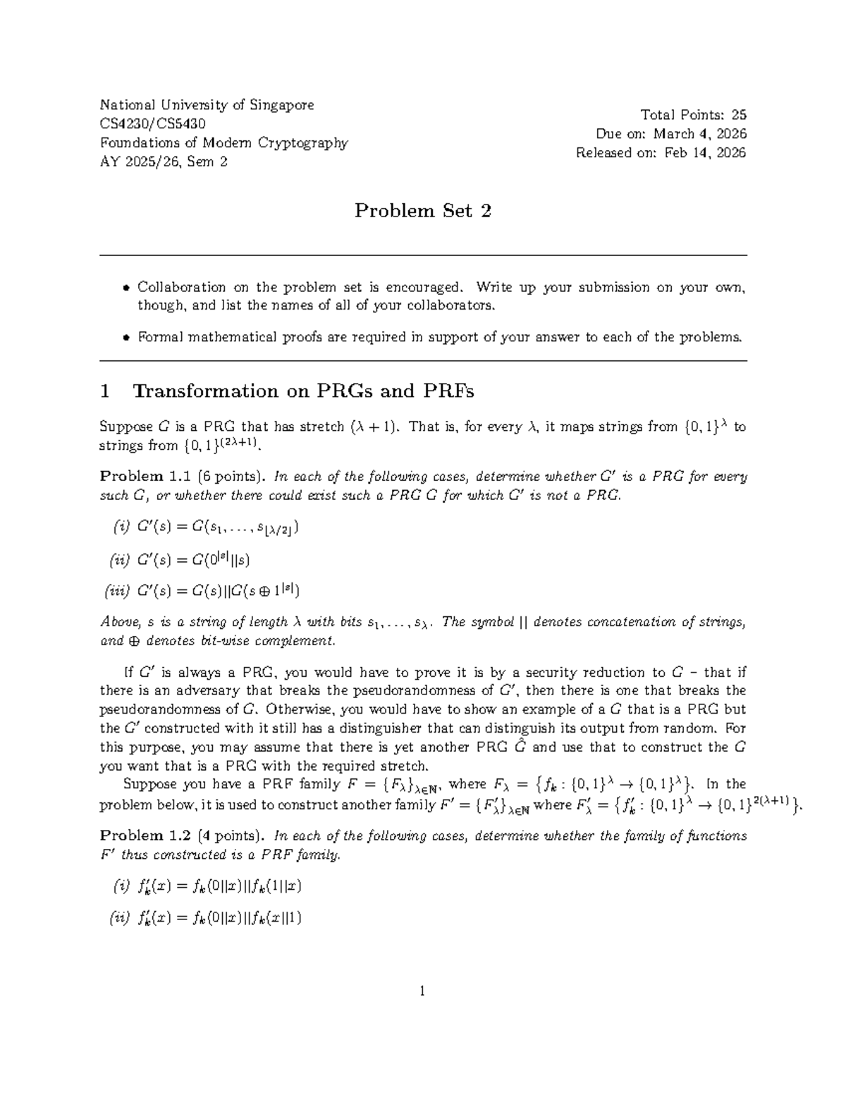 Foundations of Modern Cryptography (AY Sem 2) - Problem Set 2 - Studocu