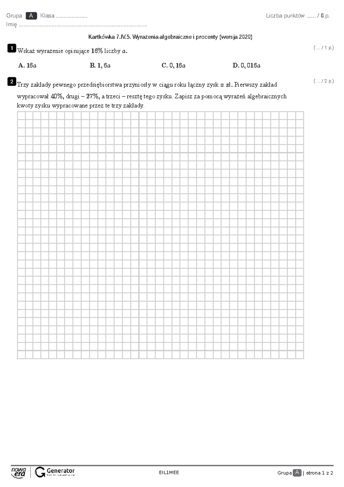 Sprawdzian Z Wyrazen Algebraicznych Z Manty 2 Gim