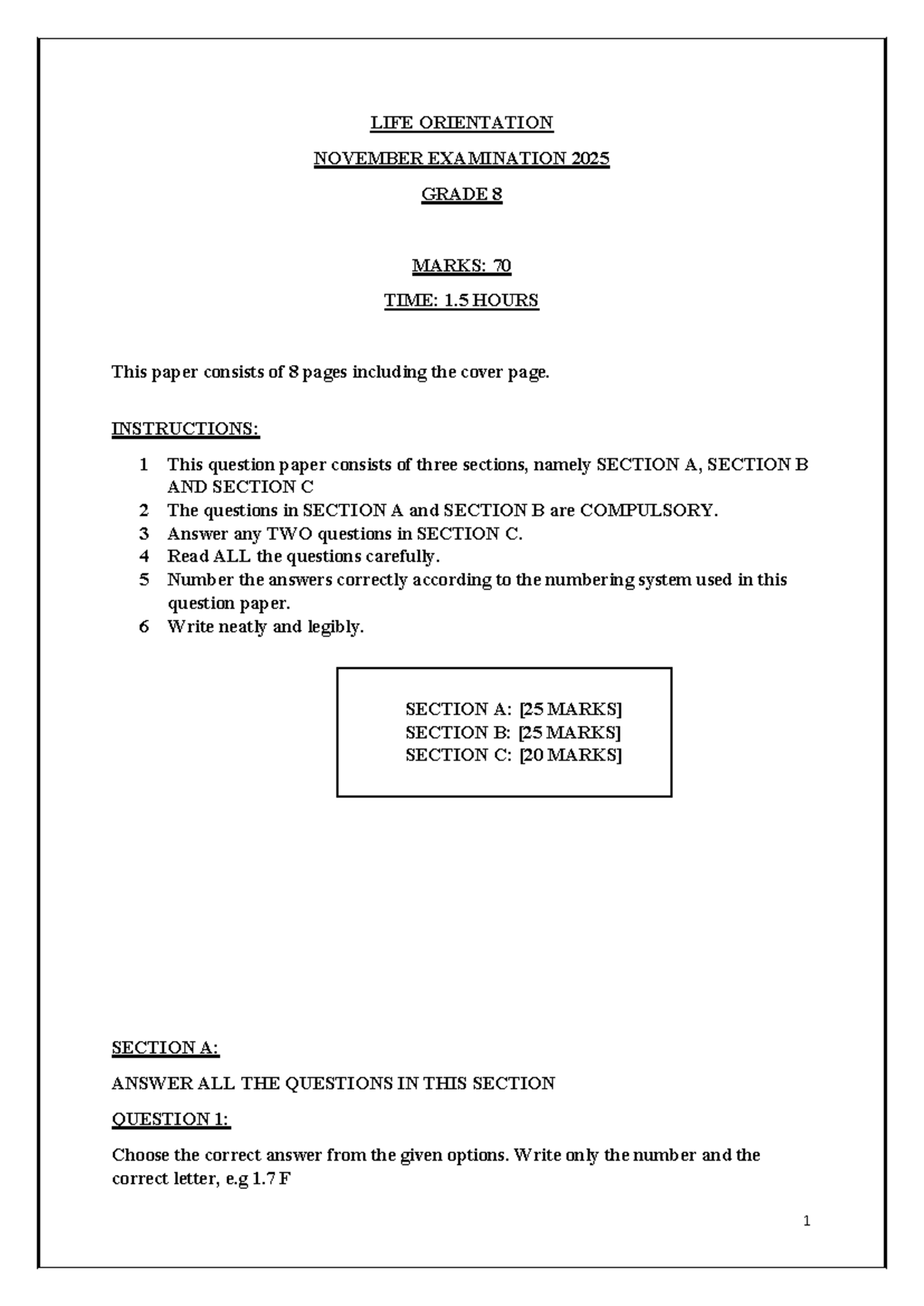 LIFE ORIENTATION GRADE 8 NOVEMBER EXAM 2025 - MARKS: 70 - Studocu