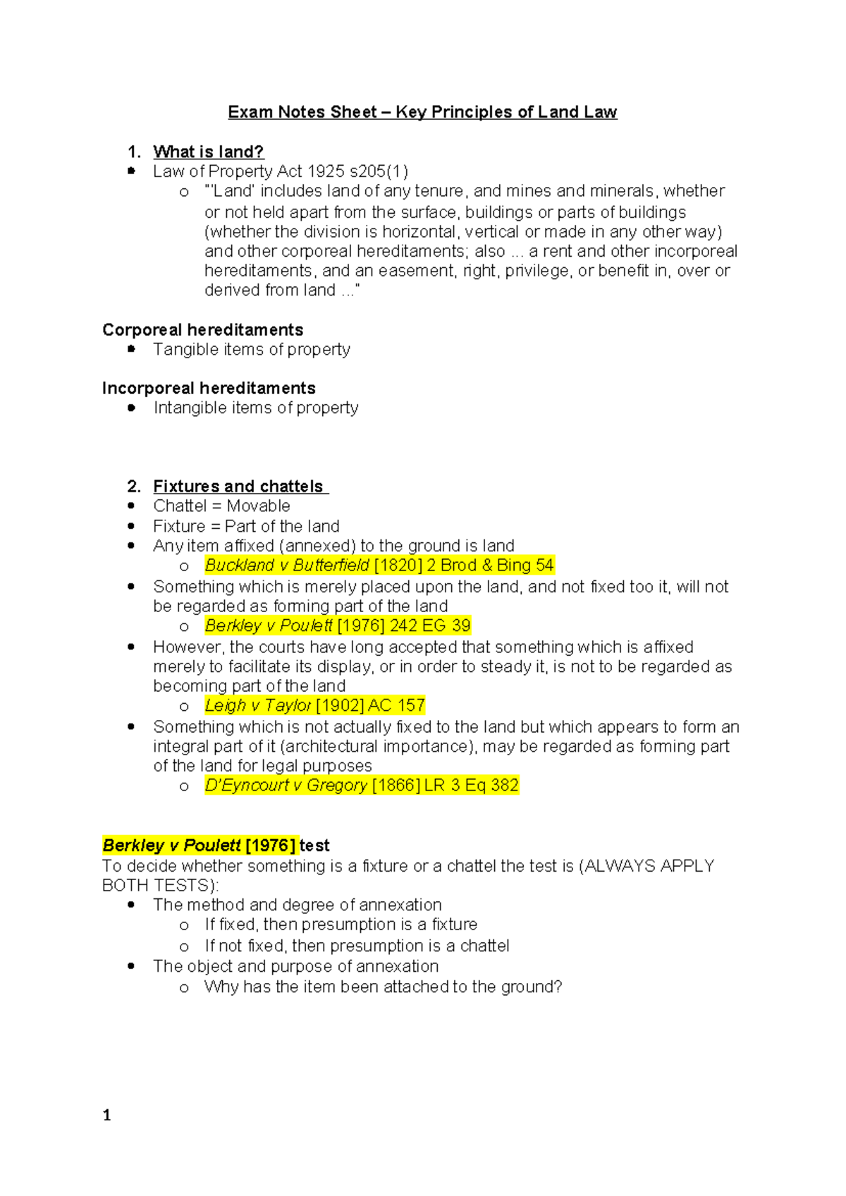 Exam Notes Sheet - Key Principles of Land Law (LAW101) - Studocu