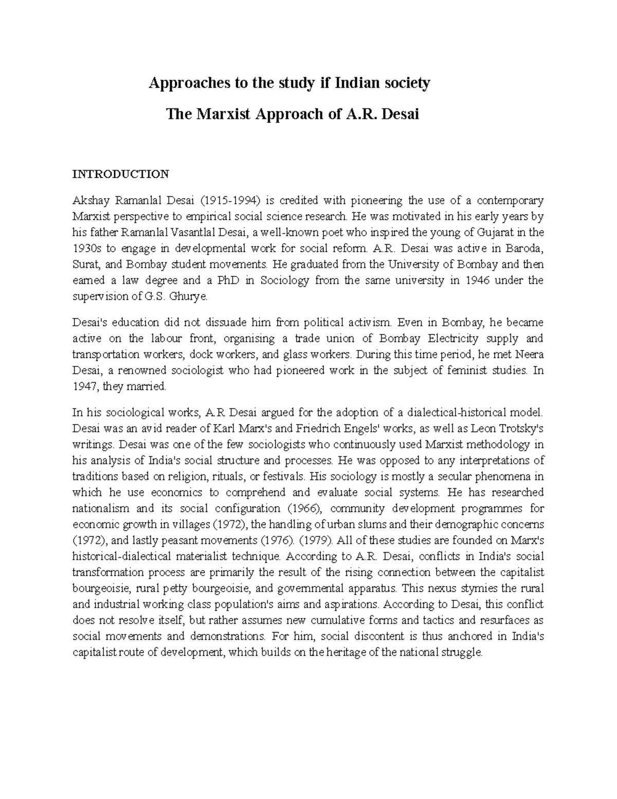 The Marxist Approach to Indian Society: A Study of A.R. Desai's Ideas ...