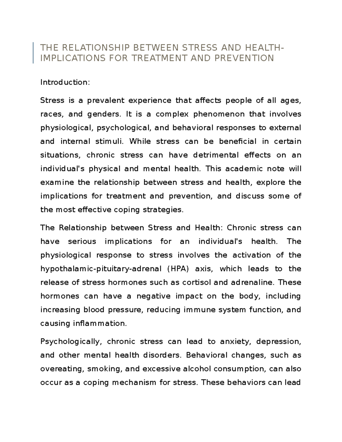 The Relationship Between Stress & Health: Implications for Treatment ...