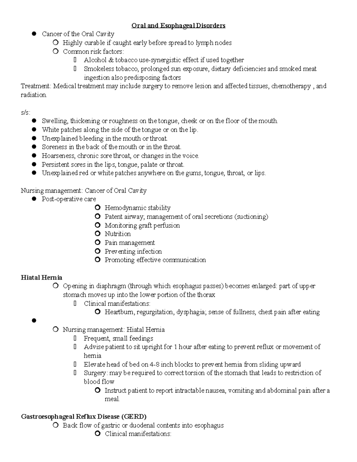 Exam 3 Class Notes: Oral and Esophageal Disorders Overview - Studocu