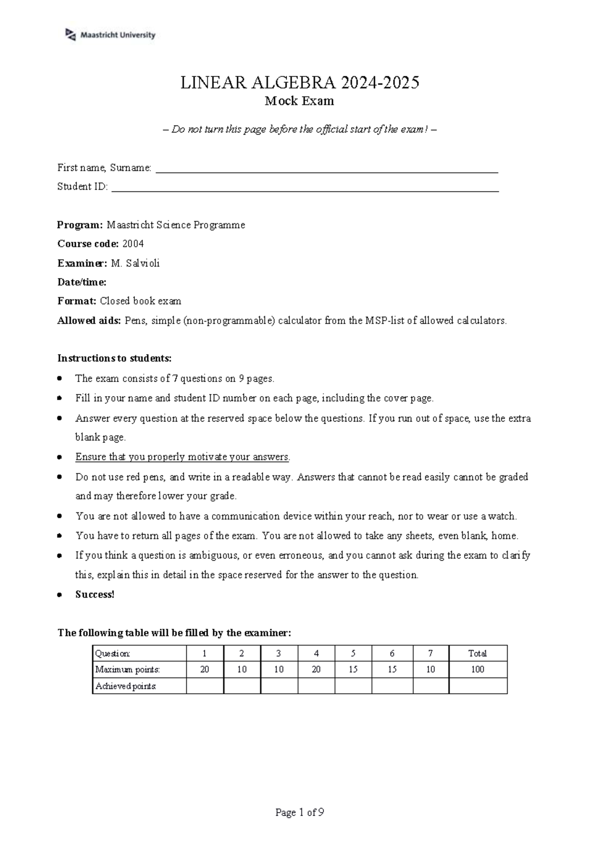 Mock Exam 2004: Linear Algebra - MSP 2025 - Studeersnel