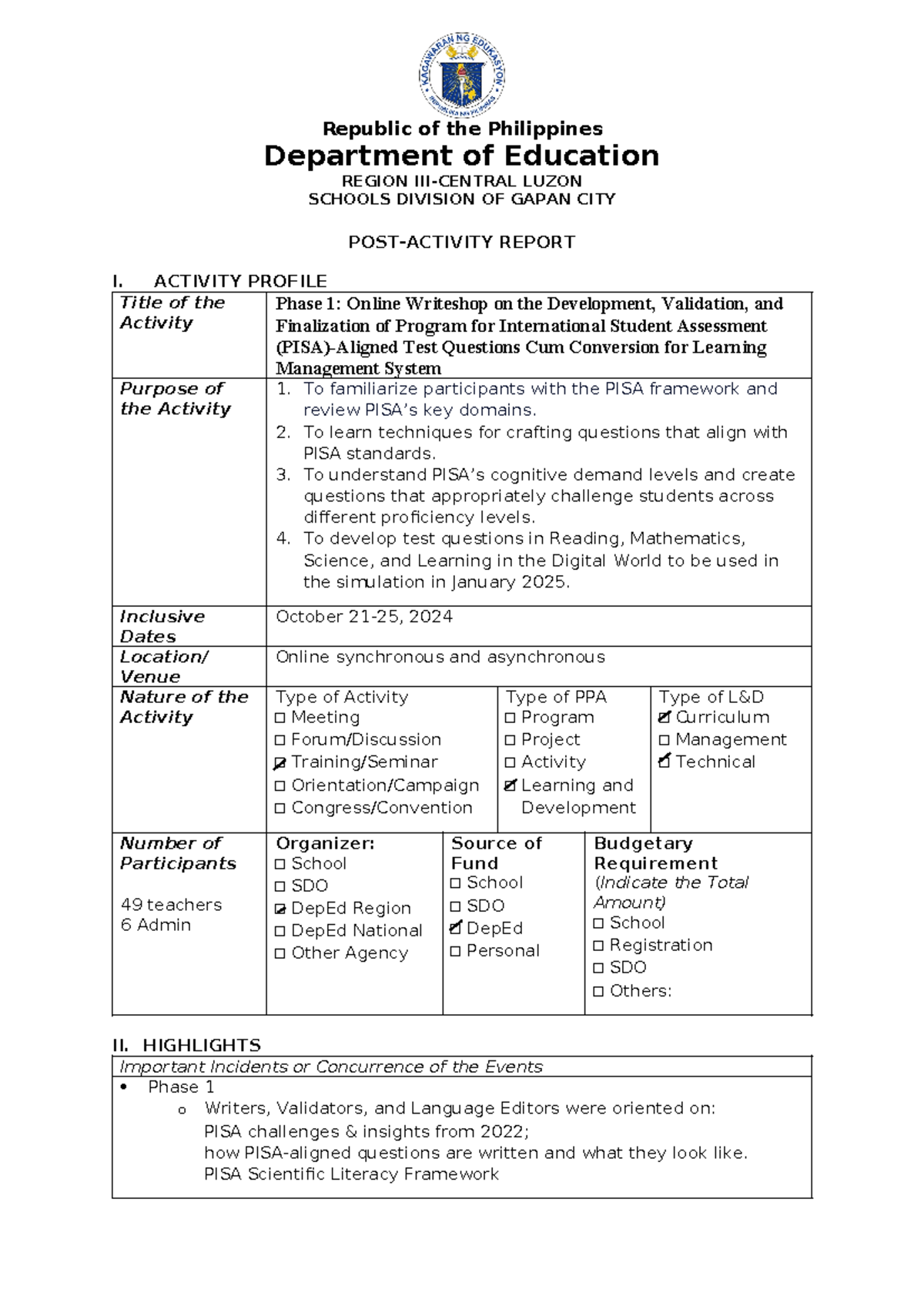 Post-Activity-Report-writeshop PISA - Republic of the Philippines ...