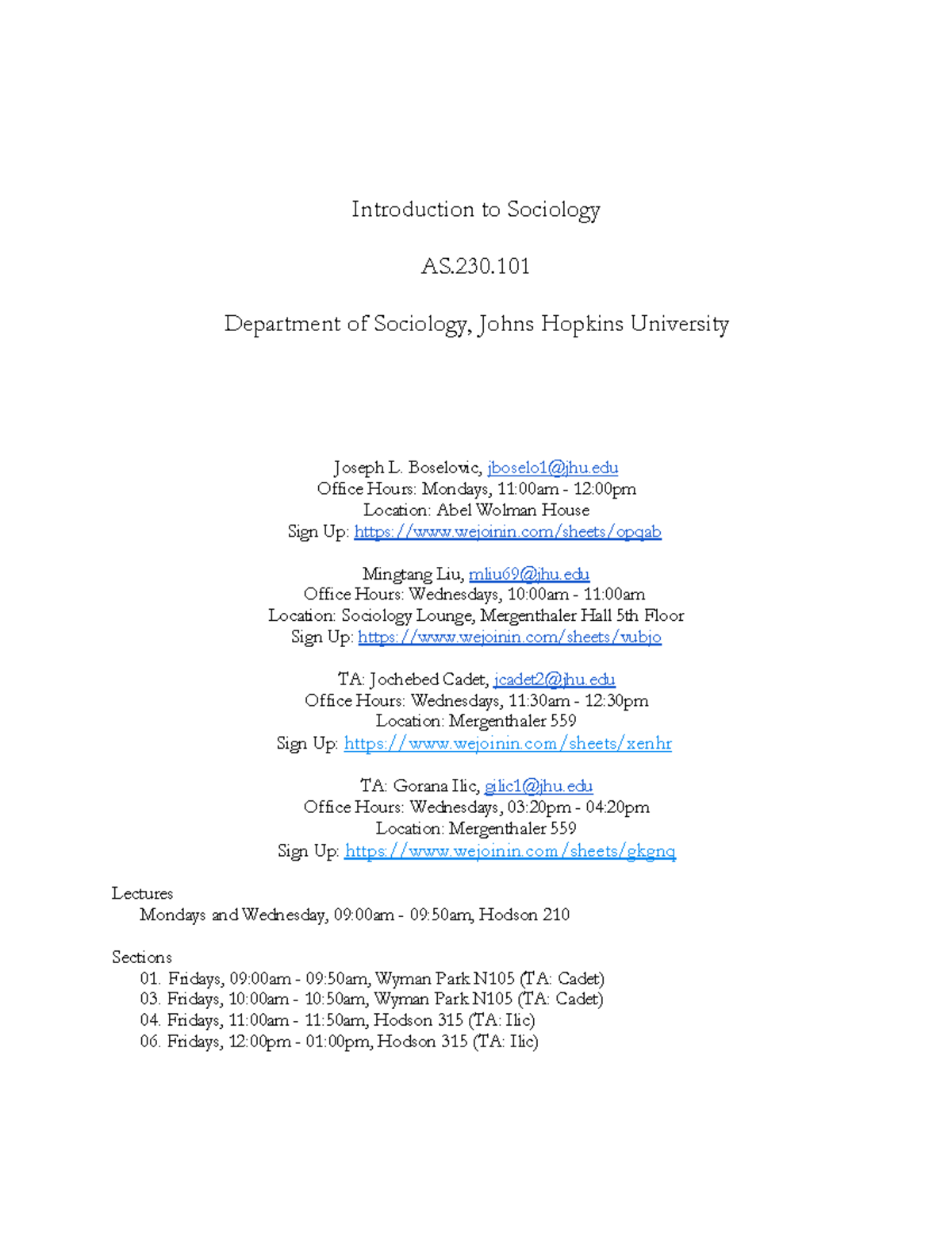 AS.230 Spring 2024 Introduction to Sociology Course Syllabus - Studocu