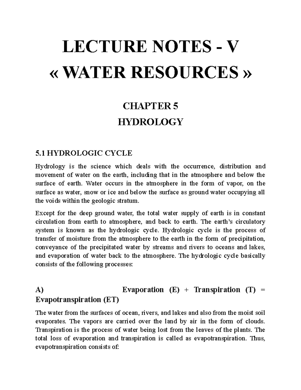 Hydrology Lecture Notes - Water Resources (Chapter 5 Overview) - Studocu