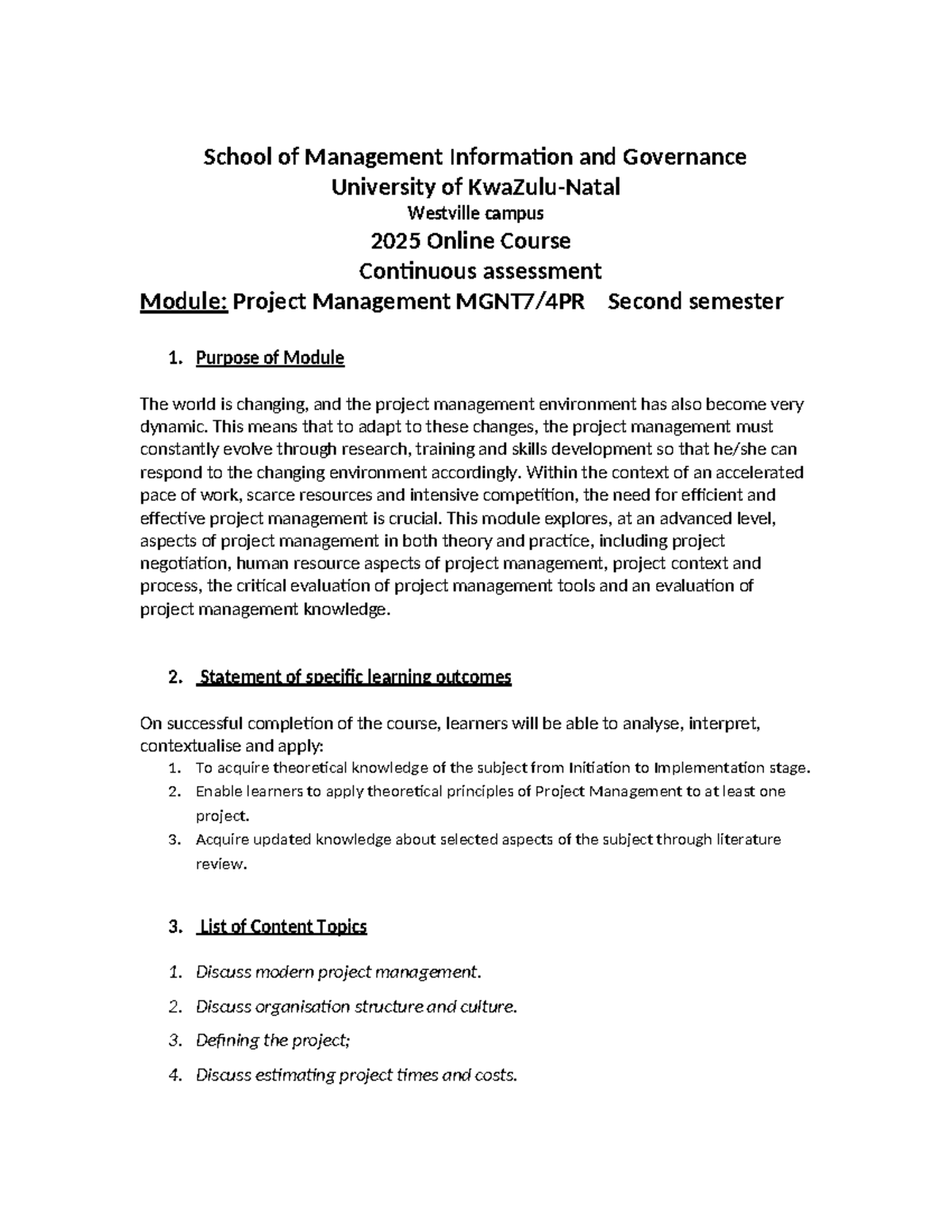 Project Management 2025 Course Outline and Assessment Details - Studocu