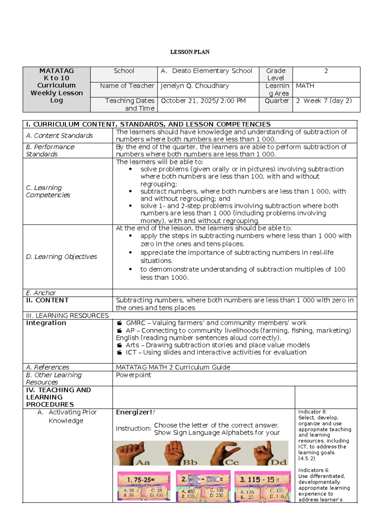 Ding G2 Q2 COT LP MATH WK7: Subtracting Numbers Lesson Plan - Studocu