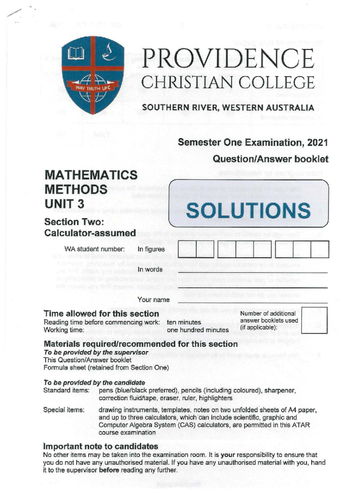 2021 Semester 1 Mathematics Methods Unit 3 Exam Solutions - Marking Key ...