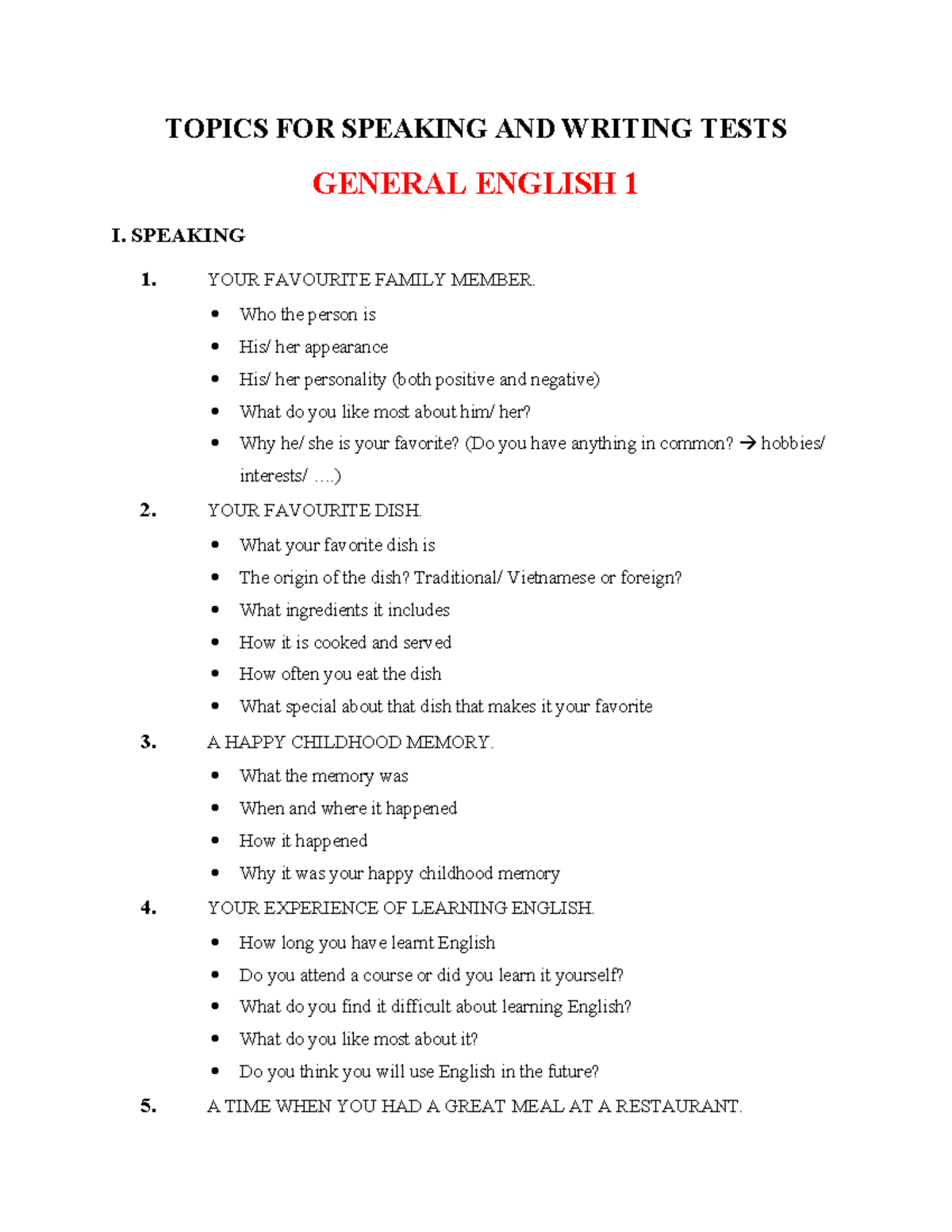 GE1 Speaking and Writing Test Topics for General English 1 - Studocu