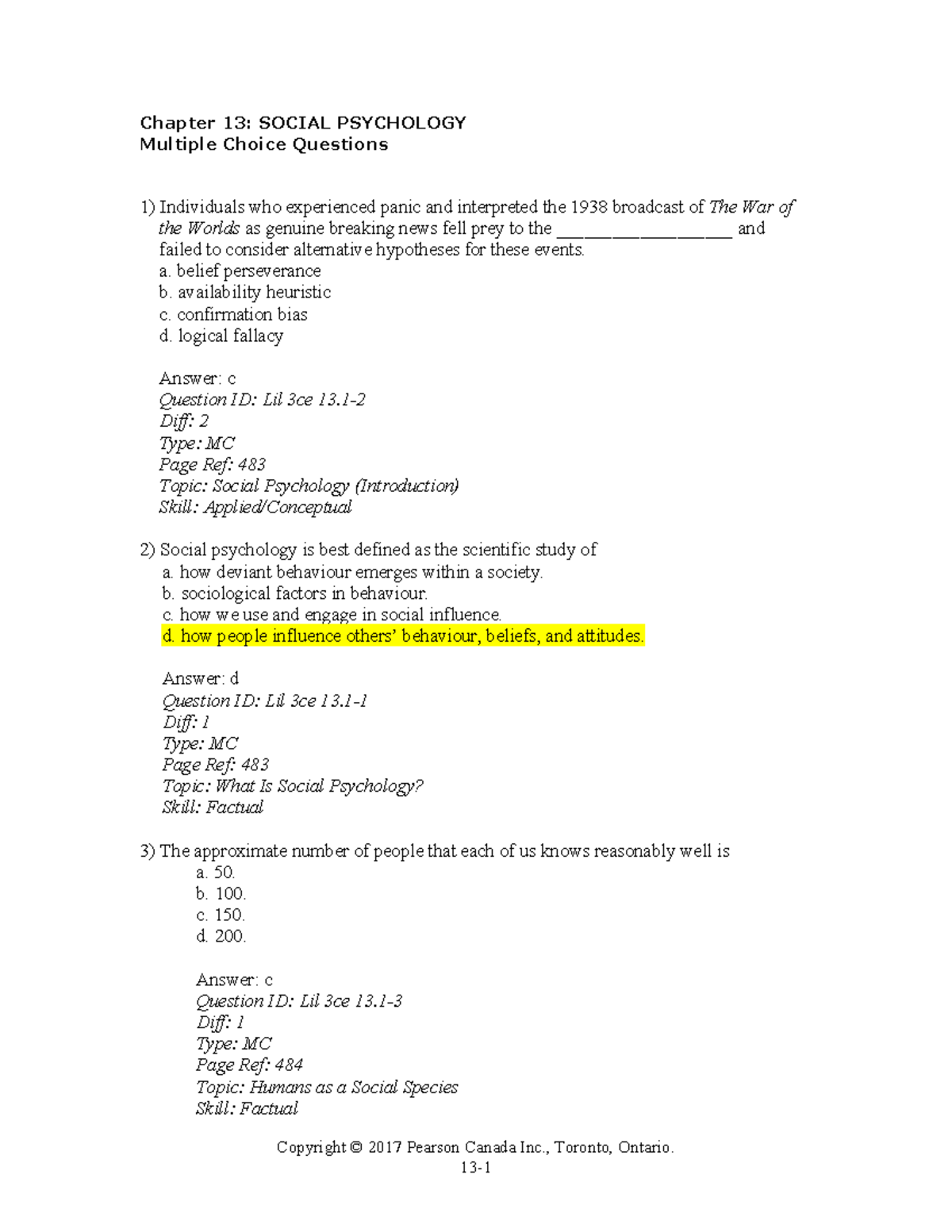 Chapter 13 - Multiple Choice Banks - Chapter 13: SOCIAL PSYCHOLOGY ...