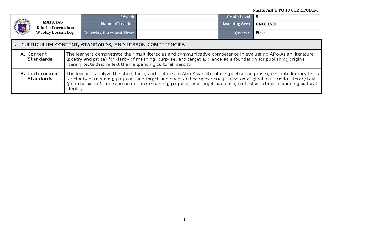 DLL Matatag K to 10 English 8 Weekly Lesson Log Q1 W2 - Studocu