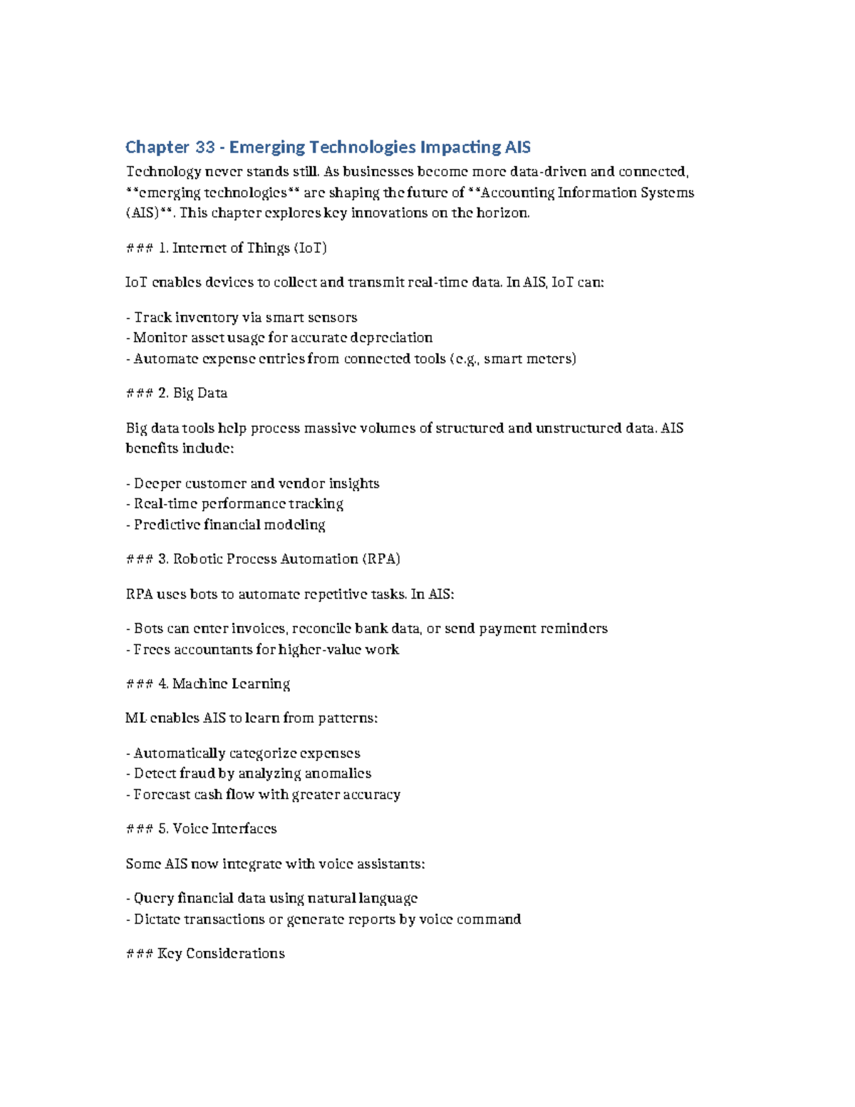 Chapter 33 - The Impact of Emerging Tech on AIS - Studocu