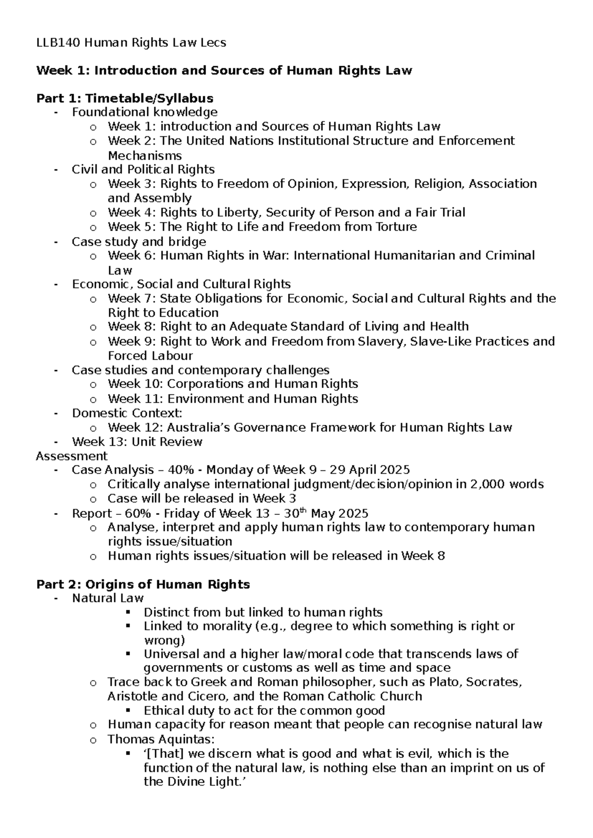 LLB140 Human Rights Law Lectures: Week 1-13 Overview and Key Concepts ...