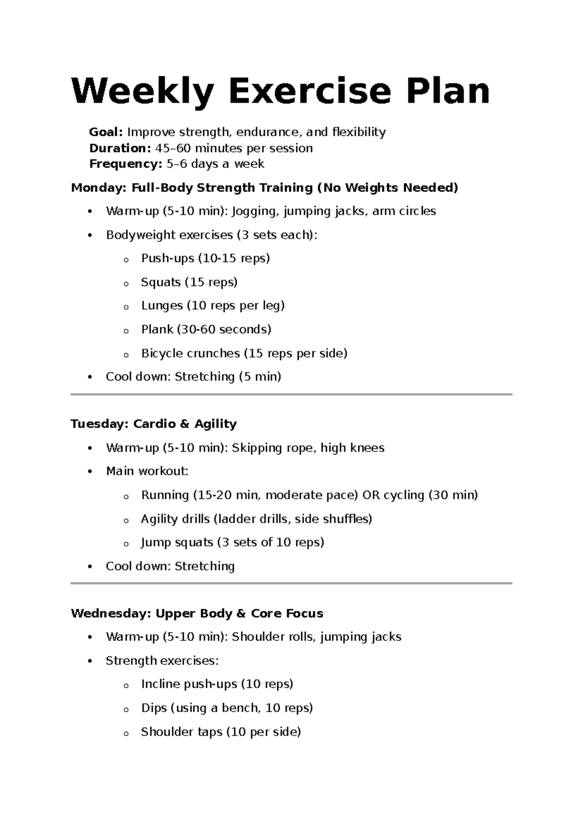 Weekly exercise plan for strength, endurance, and flexibility - Studocu