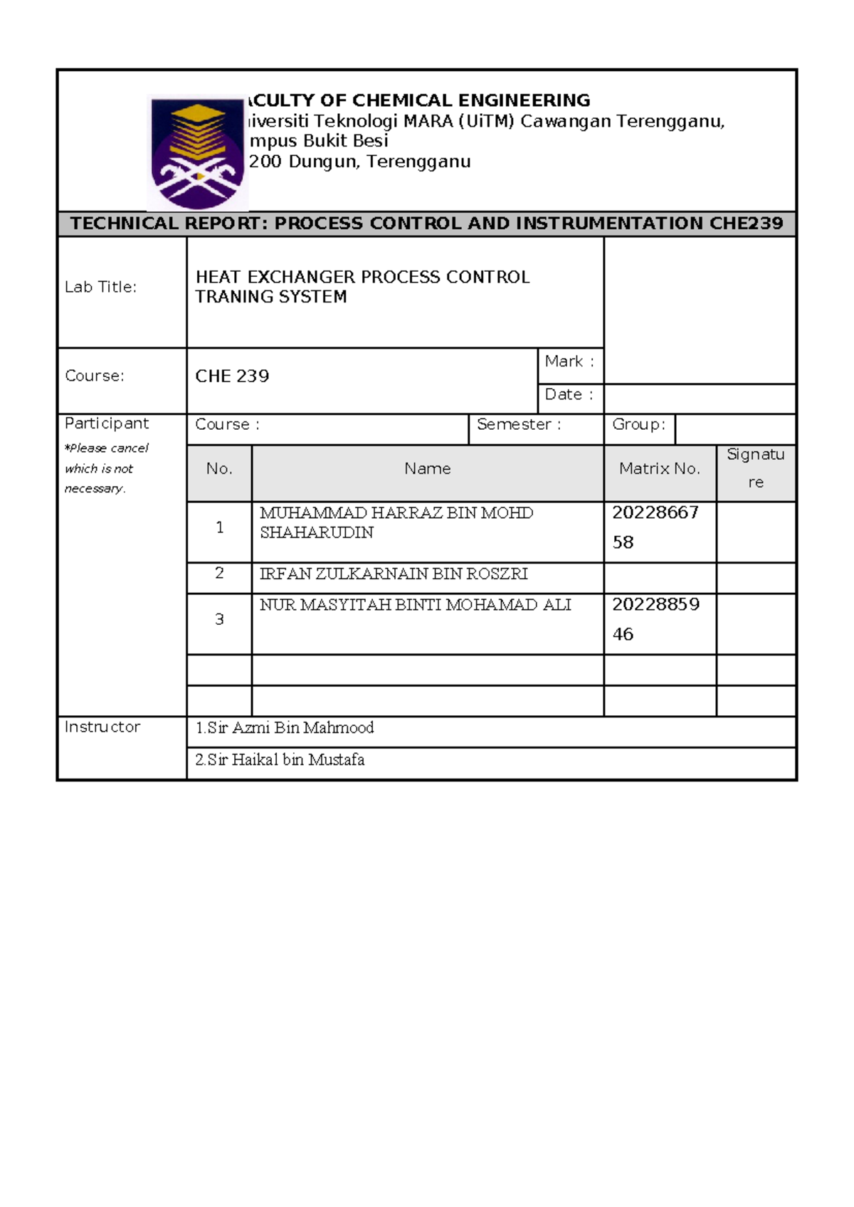 CHE 239 Lab Report: Heat Exchanger Process Control Analysis - Studocu