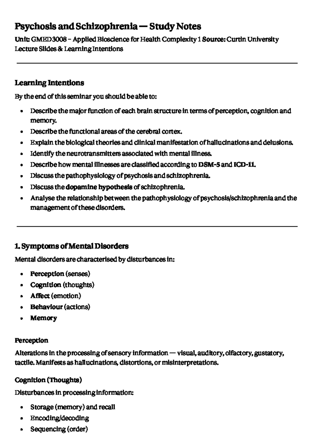 GMED3008 Psychosis & Schizophrenia Exam Notes - Module 4 - Studocu