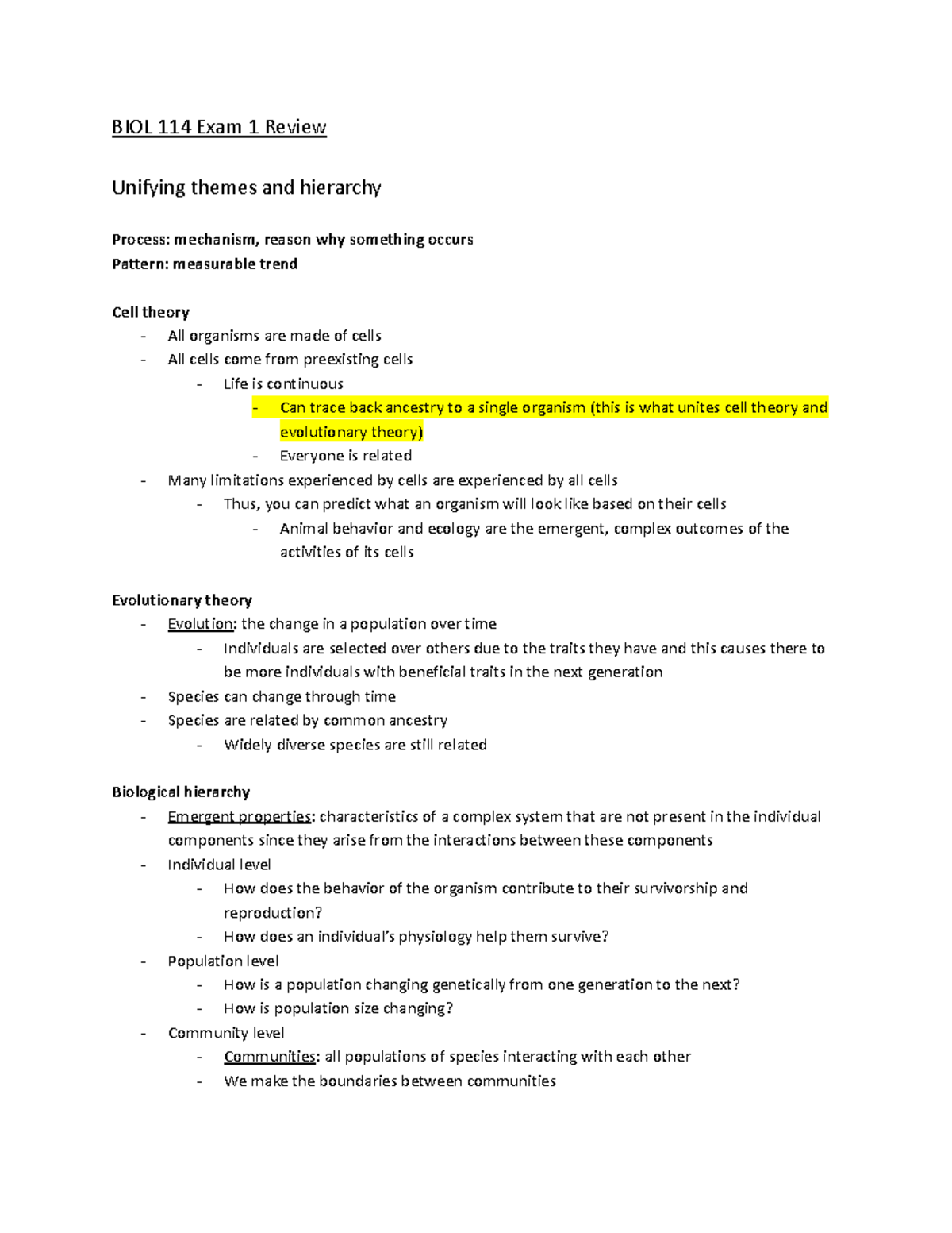 BIOL 114 Exam 1 Comprehensive Review: Evolution, Cell Theory ...