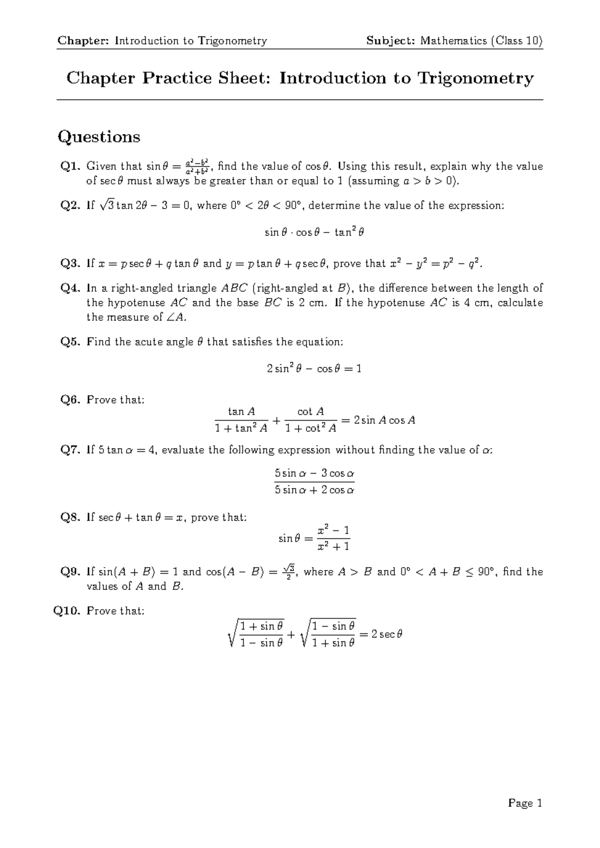 Chapter Practice Sheet: Trigonometry Questions for Math (Class 10 ...